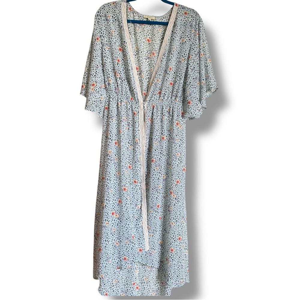 Kori Light Blue Floral Print Sheer Kimono Elbow-Length Flutter Sleeves Lace Trim